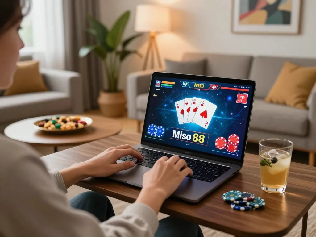 Miso 88 player engaged in online poker with colorful graphics and cozy home setting.