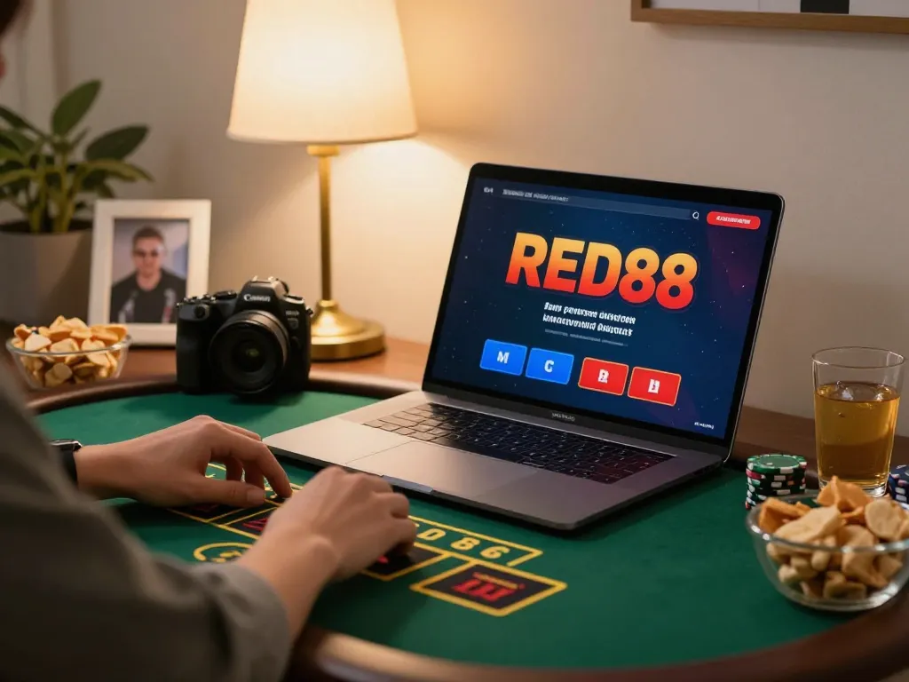Engaging in strategic online blackjack gaming at RED88, showcasing a home gaming setup for responsible gambling.