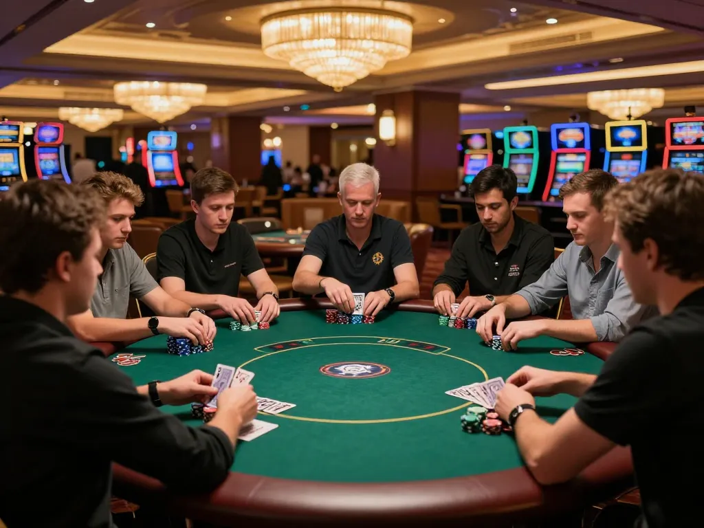 Players engaging in strategic poker gameplay at a luxurious casino, featuring vipwin and vibrant atmosphere.