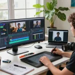 Mind control demonstration in a video editing workspace with AI technology for innovative motion graphics.