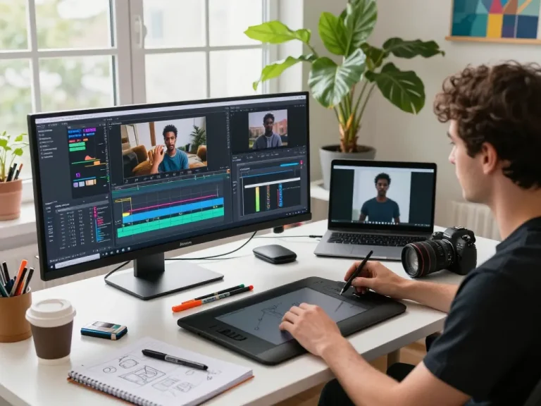 Mind control demonstration in a video editing workspace with AI technology for innovative motion graphics.