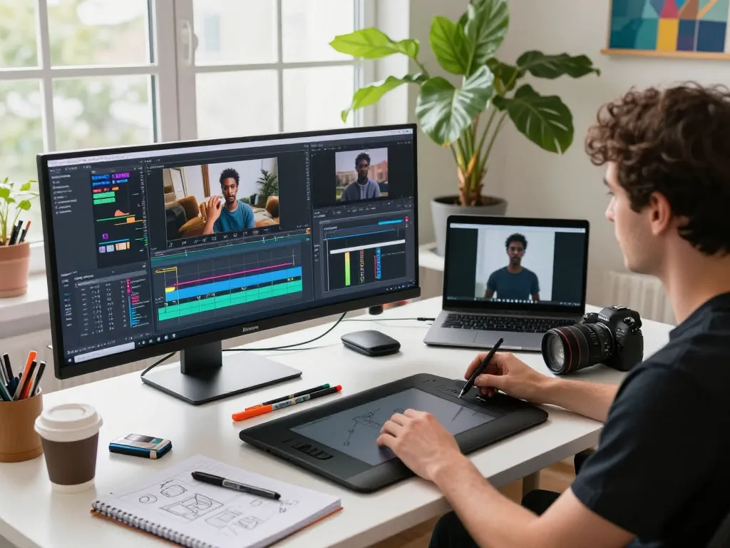 Mind control demonstration in a video editing workspace with AI technology for innovative motion graphics.