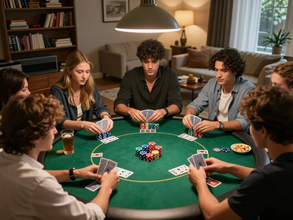 Friends enjoying a strategic poker night at home with max88pro, showcasing chips and cards in play.