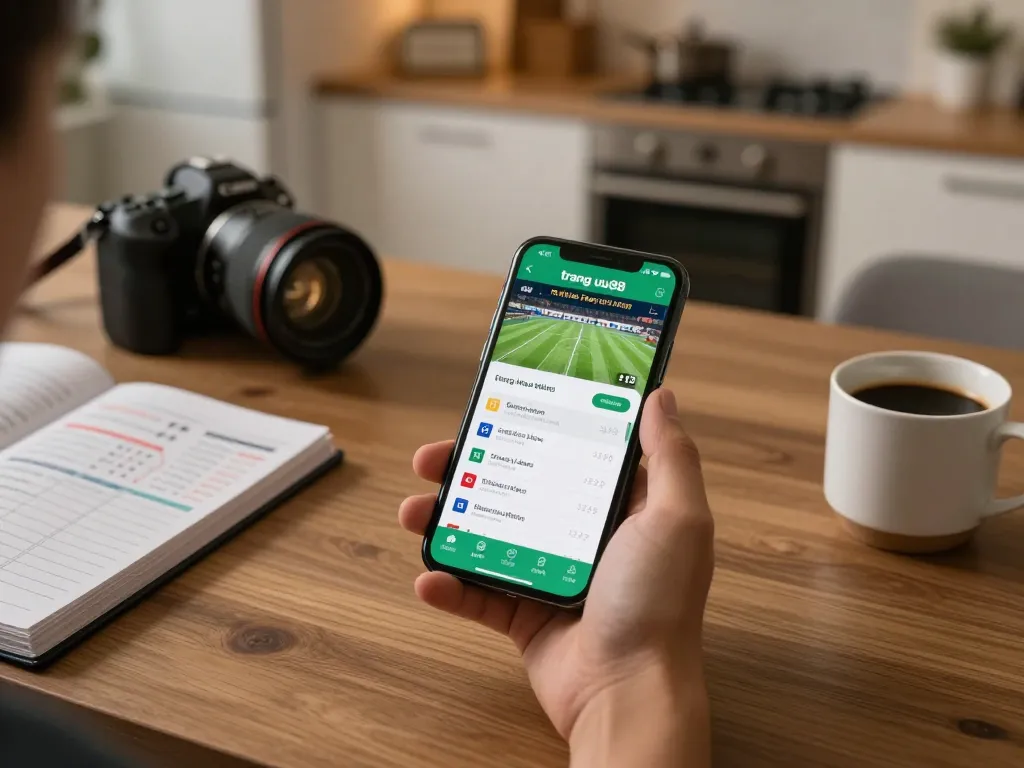 Engaging sports betting experience using the trang chủ uu88 app on a smartphone, in a cozy home setting.