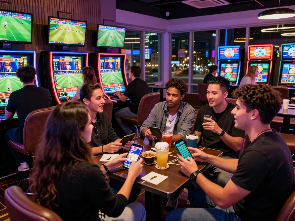 Exciting Zbet sports betting scene with friends placing bets in a lively casino.