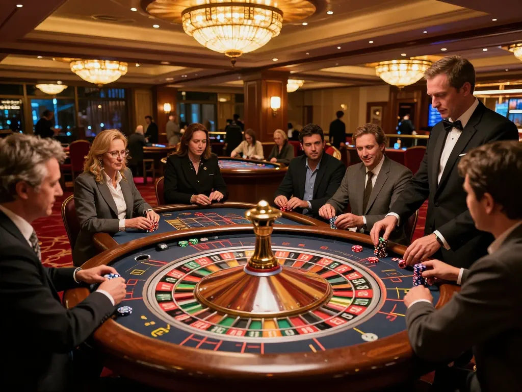 Các người chơi LUCK8 tham gia vào các bàn roulette trong môi trường casino sôi động, thể hiện sự hào hứng và chiến lược.