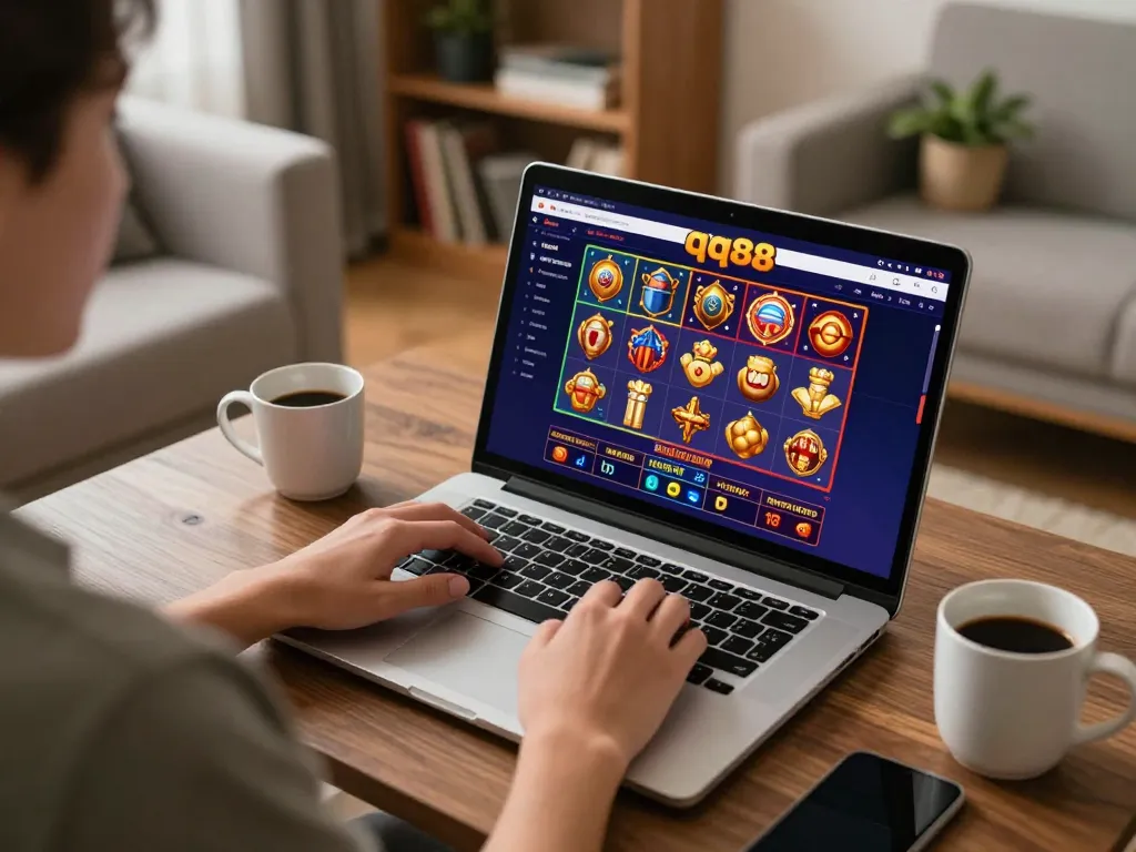 Play online casino games with qq88 on a laptop in a cozy setting, enjoying an engaging gaming experience.