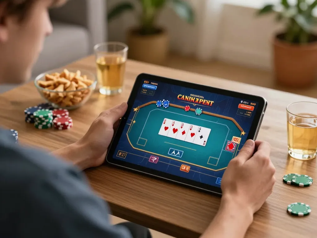 C168 player strategizing during an online poker game, showcasing personalized home gaming setup with cozy atmosphere.