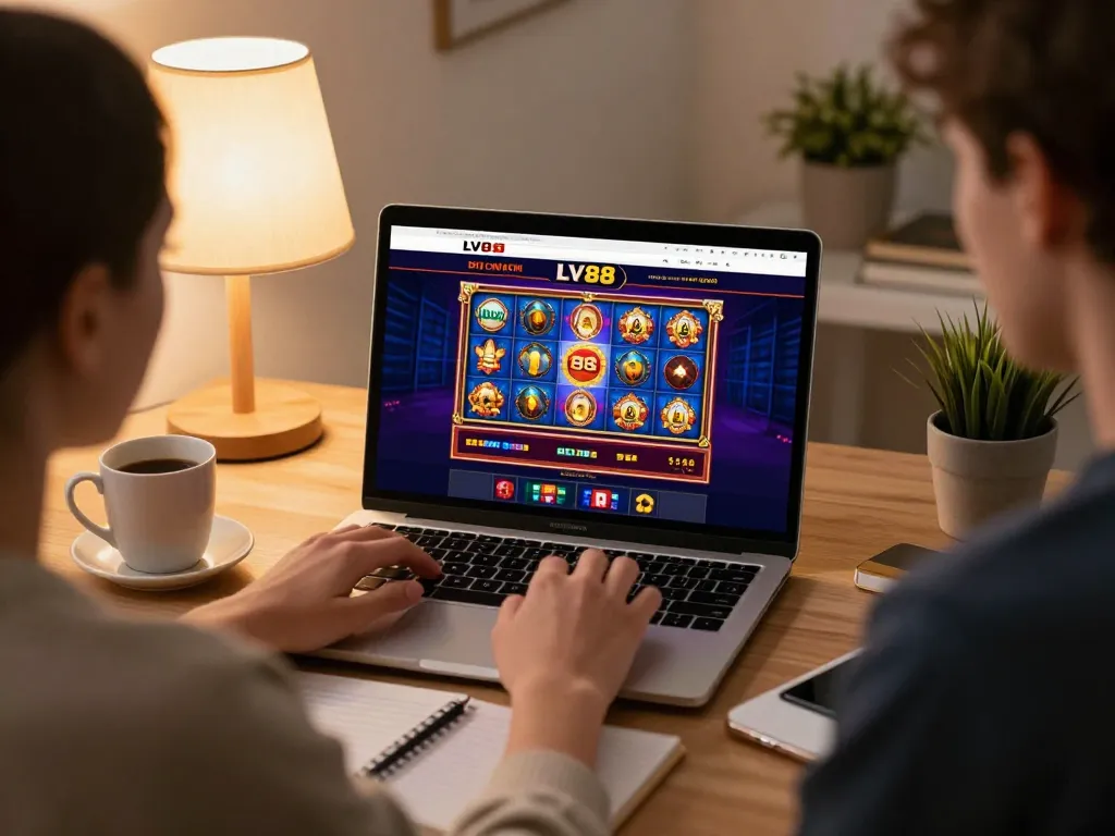Engaging user playing LV88 online casino on laptop in a cozy home environment.