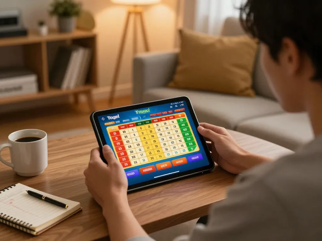 Winwin player enjoying Togel on tablet in cozy home setting, showcasing online gambling experience.