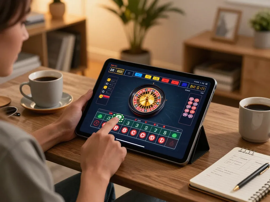 Engaging live roulette game on a tablet illustrating Trang chủ KONG88 gaming strategy in a cozy home setting.
