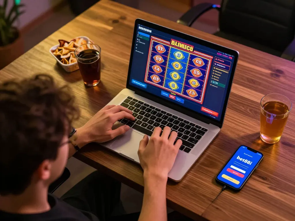 Engaging in live casino gameplay on bet88i with vibrant online slots at a cozy home setup.