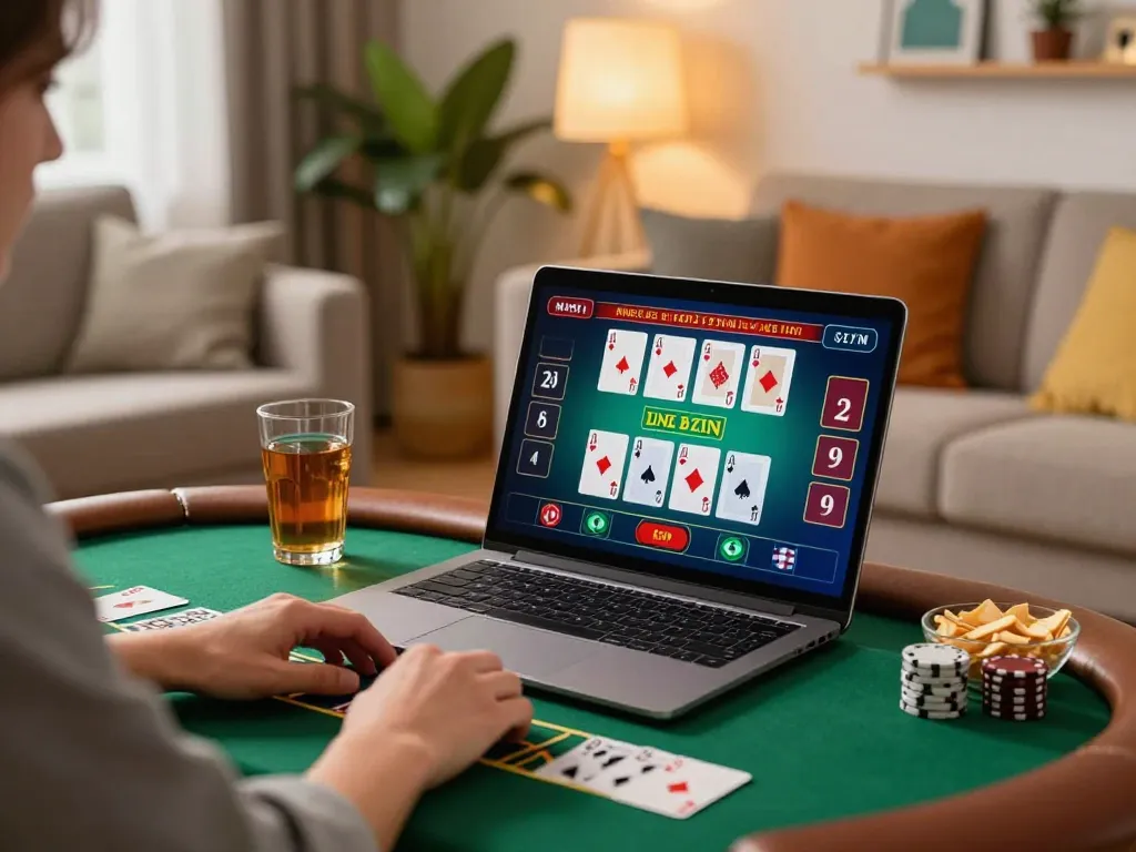Engaging live dealer blackjack gameplay on laptop, featuring 78winbiz in a cozy home environment.