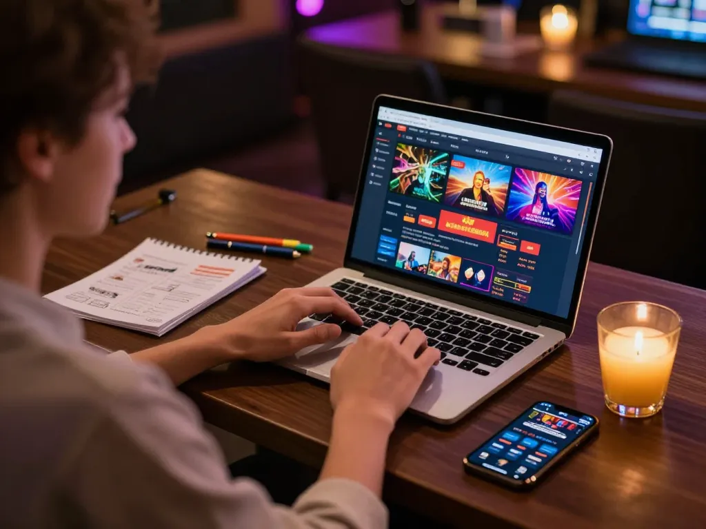Engaging player enjoying a Luckywin game on a modern laptop in a cozy home setting.
