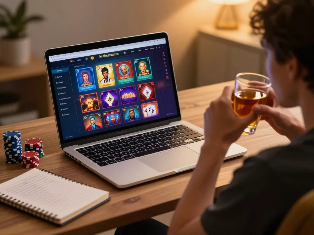 Red88 online gaming experience with a sleek setup, showcasing poker chips and strategies.