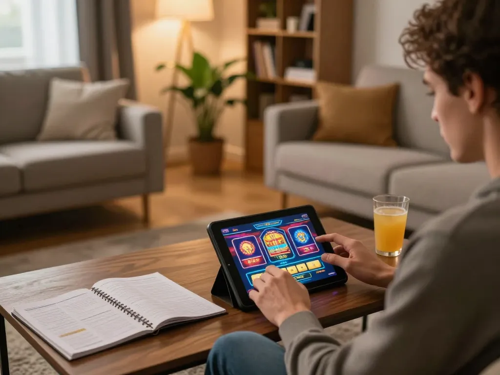 Engaged player exploring GG88 slot games on a tablet in a cozy home setting.