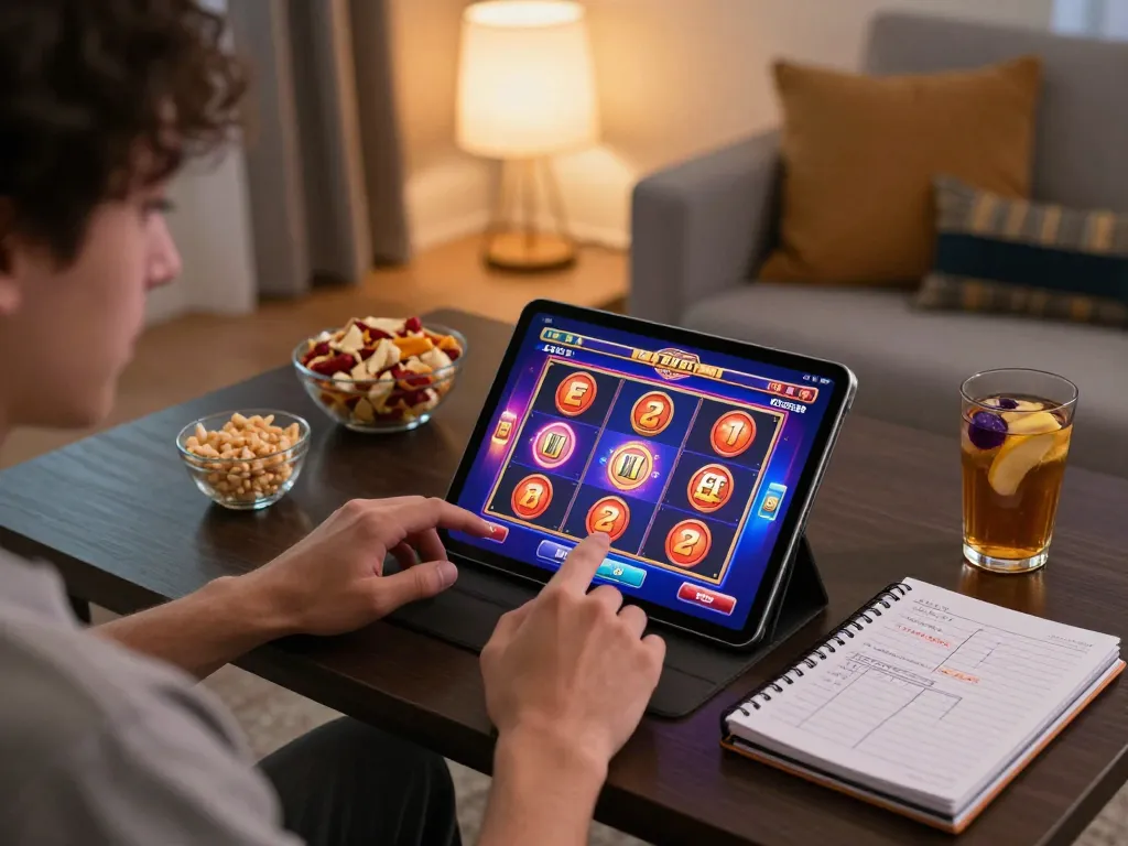 Engaged player exploring Go99 com on a tablet in a cozy home setting, showcasing online gaming excitement