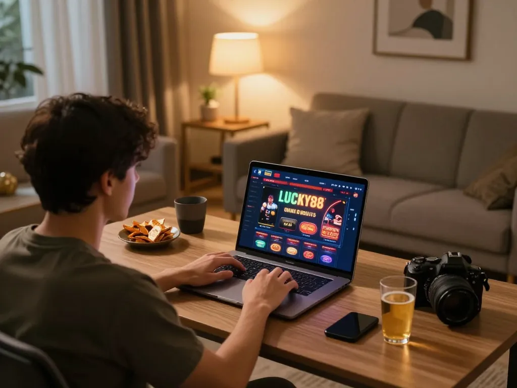 Enjoying immersive gameplay at LUCKY88 online casino from a cozy home setup.