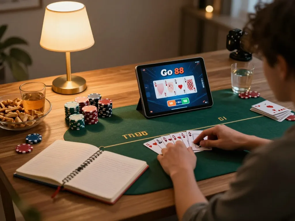 Engaging in Go 88 poker via tablet in a cozy home setting, showcasing strategic gameplay.