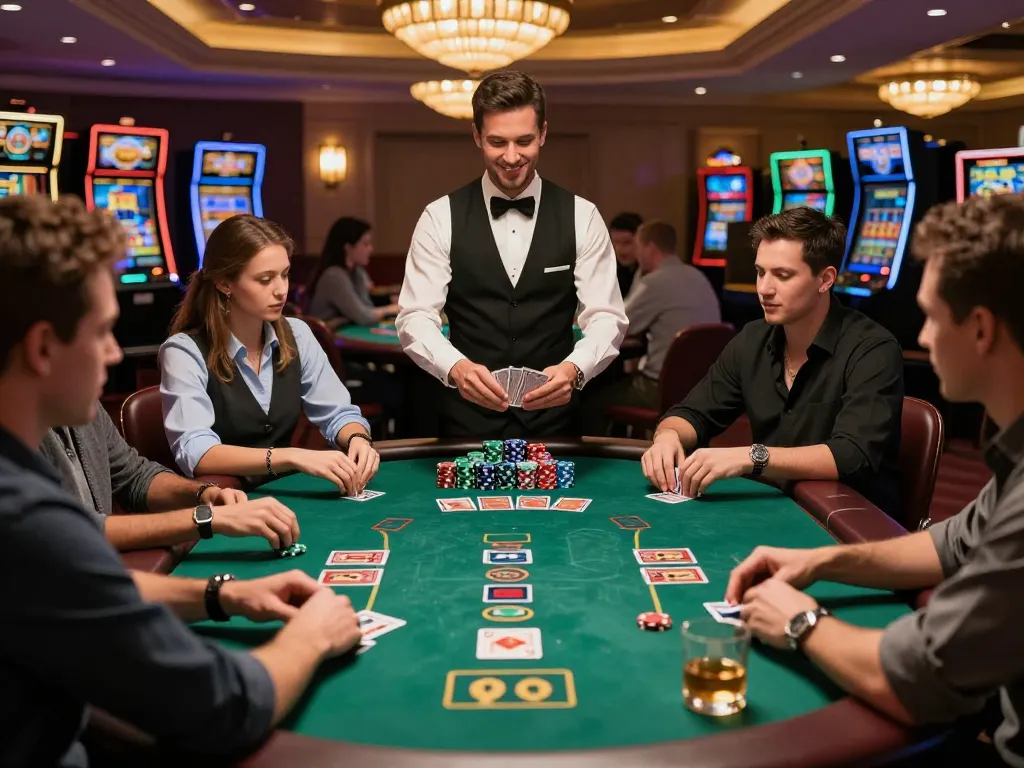 Players engaging in strategic blackjack gameplay at a vibrant casino table, embodying the excitement of sc88.
