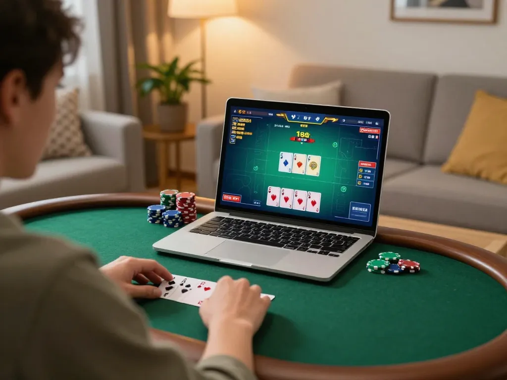 Player engaged in online poker at home using sc88 for strategic gameplay, laptop screen shows community cards.