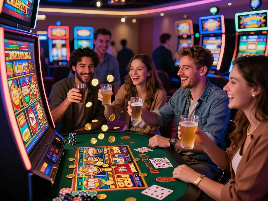 Group celebrating a big win at Lucky 88 slot machine in vibrant casino.