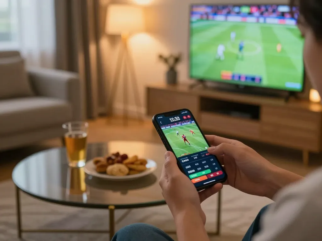 sunwin mobile sports betting action with smartphone displaying live odds in a cozy home gaming setup