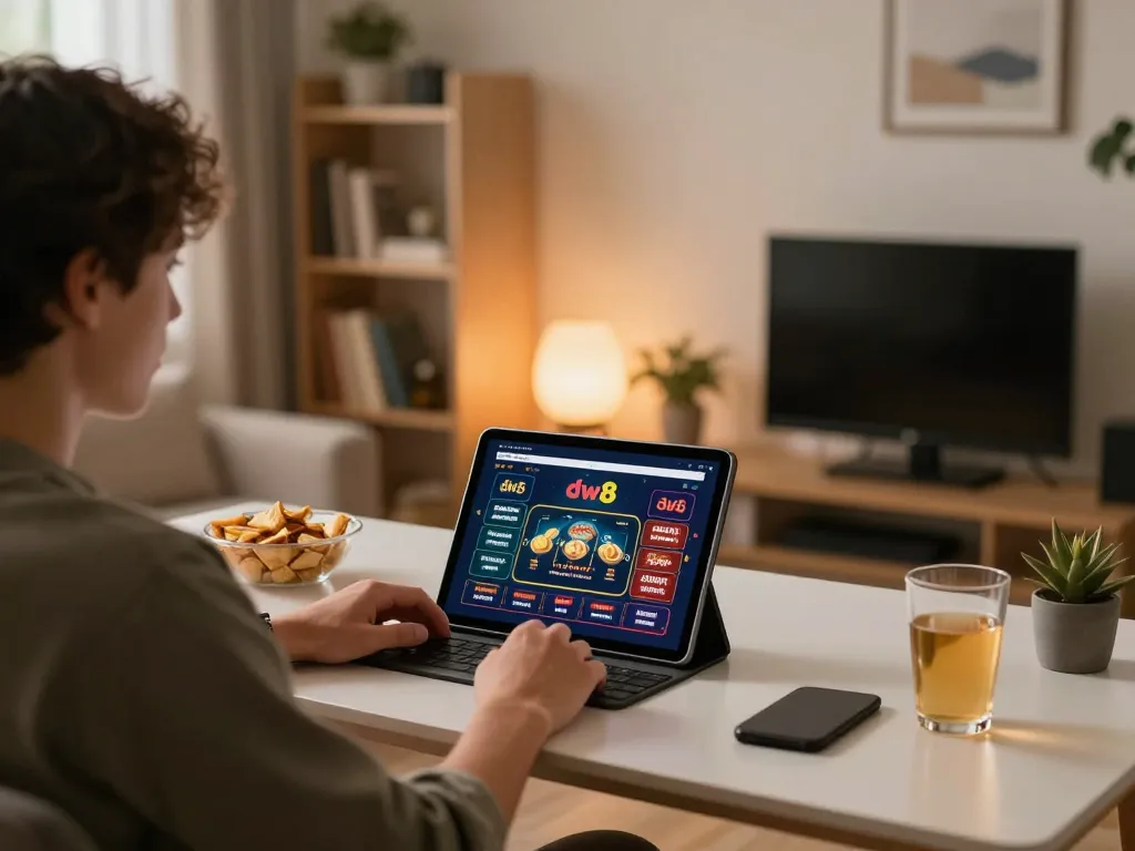 Engaging scene of a user playing dw8 on a tablet in a cozy home setting, showcasing online casino gaming.