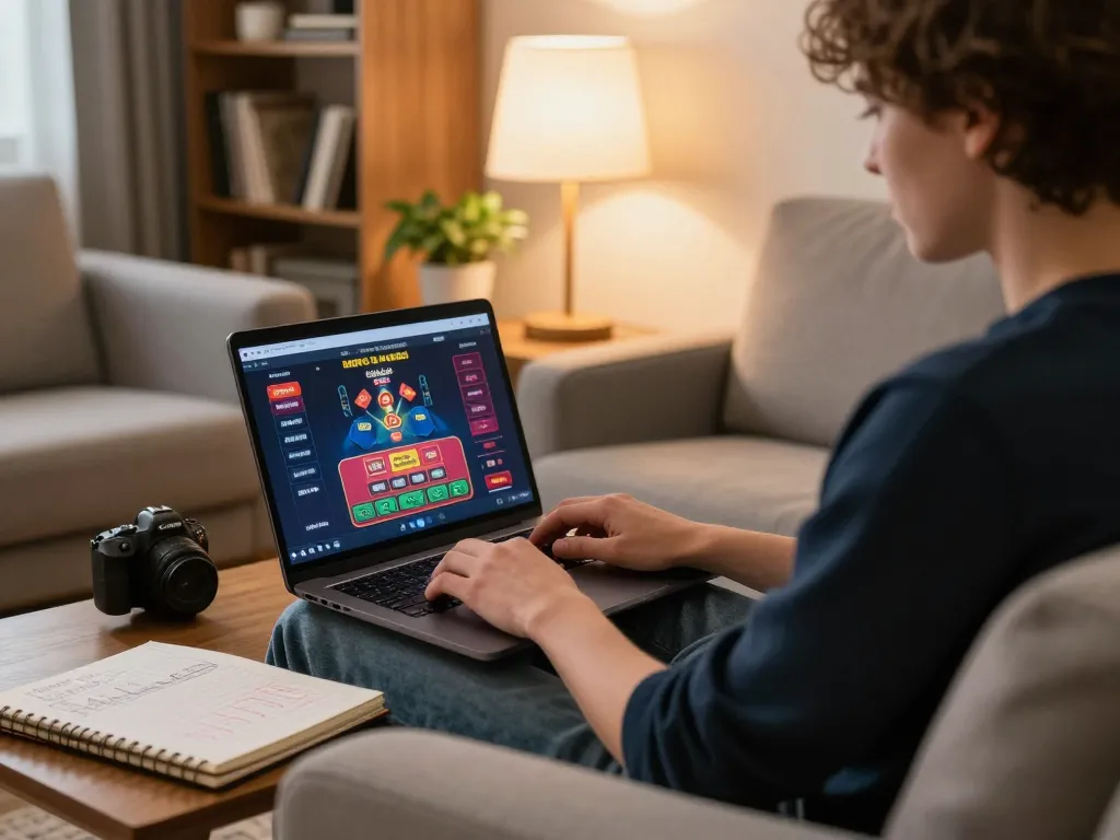 Experience online gaming strategies with 98win9, showcasing a cozy home setup for responsible gambling.