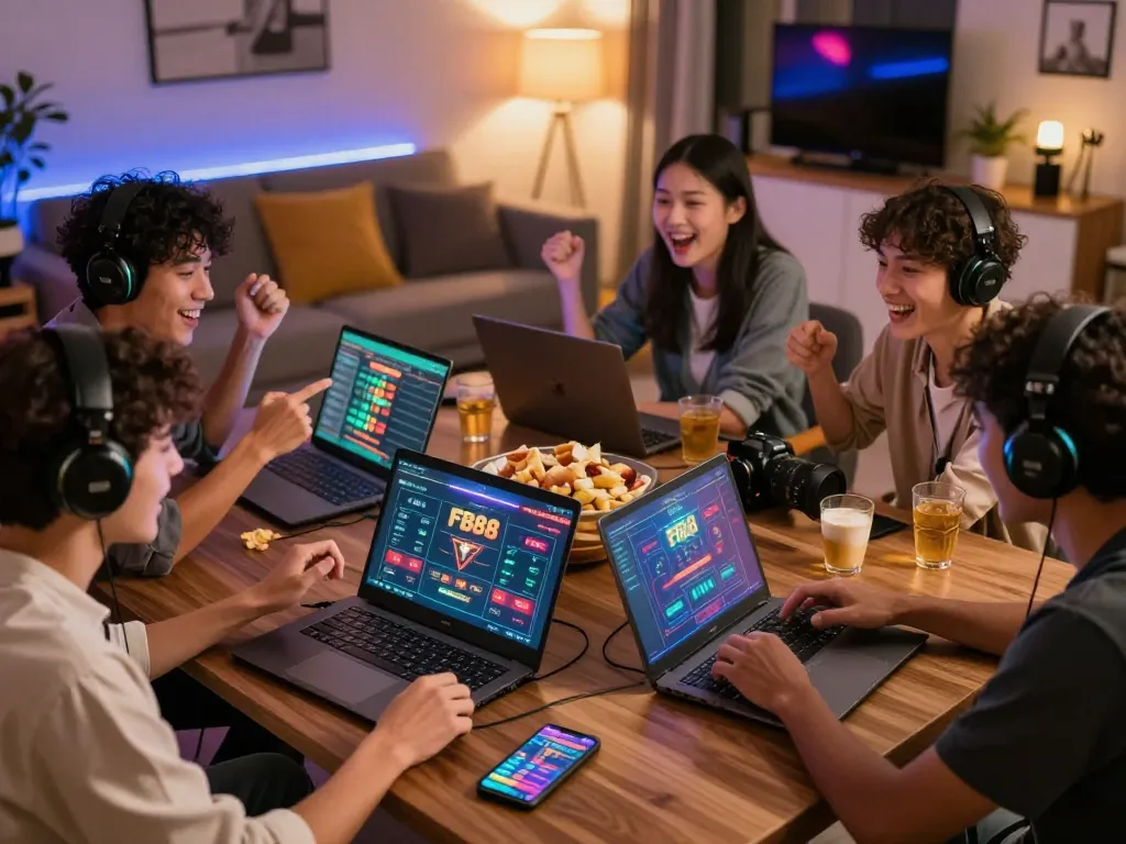 Friends enjoying fb88 đăng nhập online betting session with vibrant gaming setup and snacks.