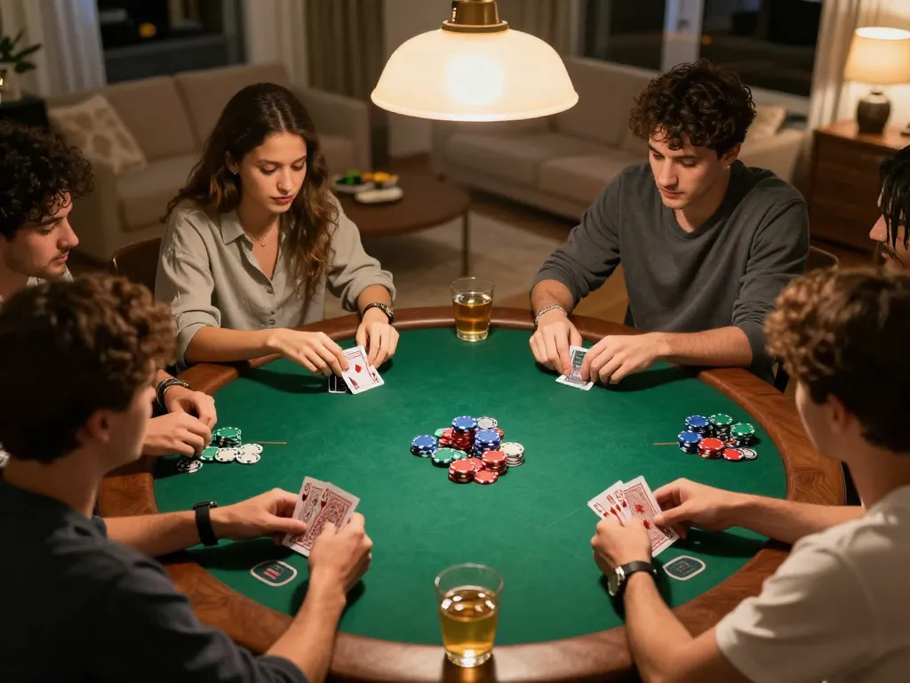 F168 home poker night with players enjoying friendly competition and strategic gameplay at a dining table.