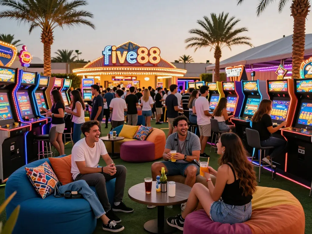 Friends enjoying a lively casino-themed event at five88 with games, laughter, and vibrant atmosphere.