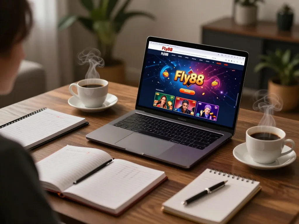 Engaging in online gambling on Fly88 platform with dynamic visuals and strategy notes.