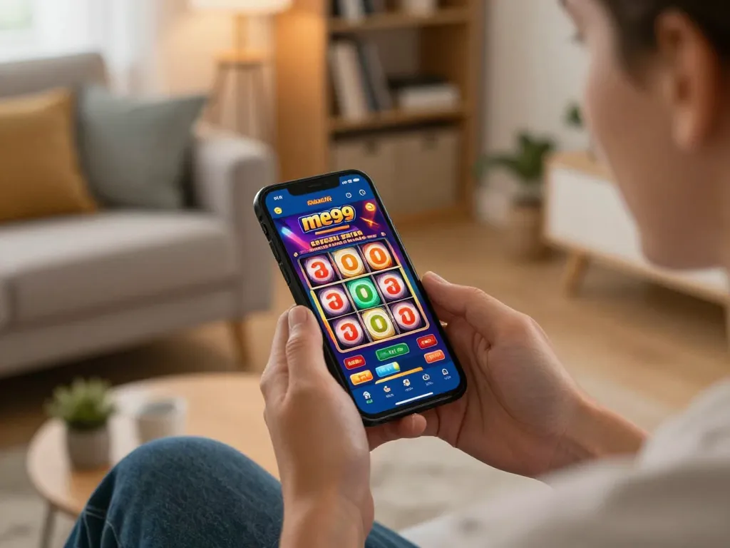 Player enjoying slots on the me99 app at home, showcasing engaging mobile gaming experience
