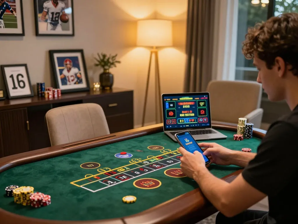 Player engaging with online casino games on F168 platform during cozy home gaming night.