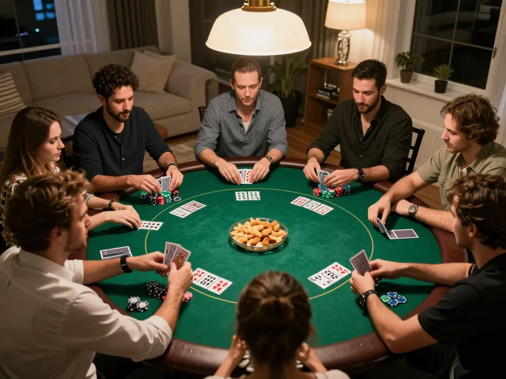 Friends enjoy an exciting poker night at home with xx88 casino gaming atmosphere
