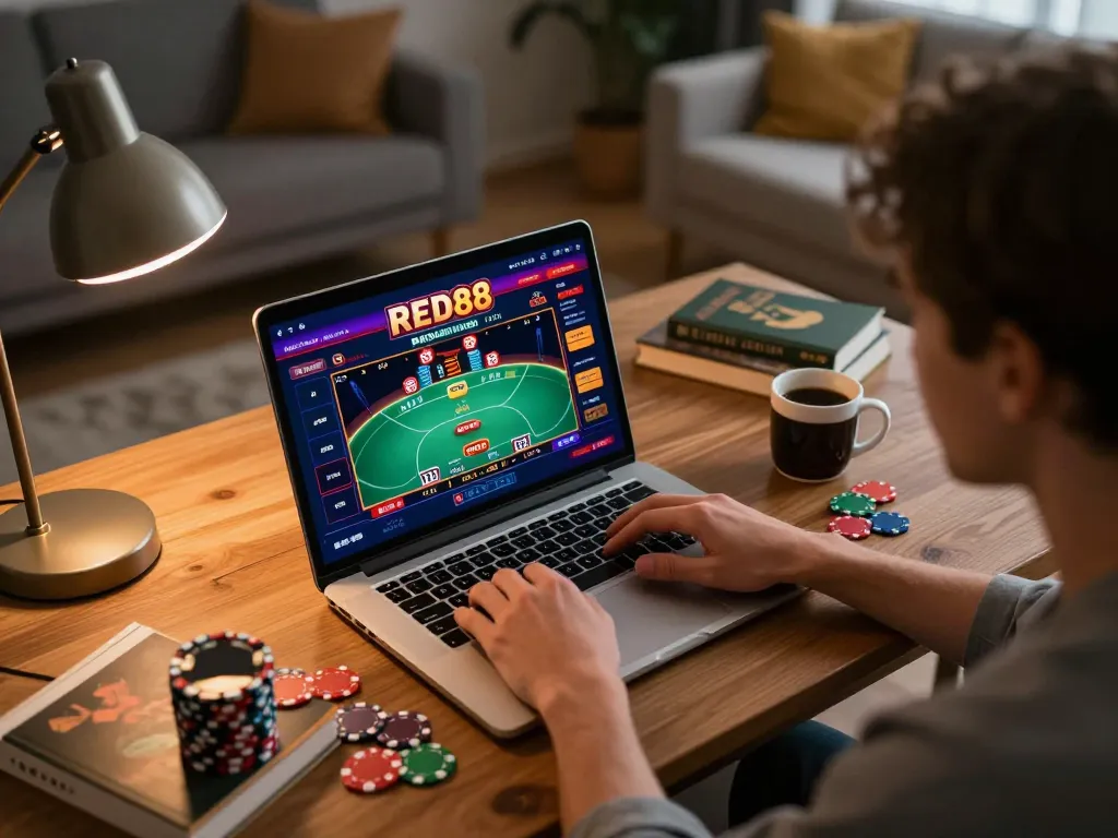 Engaging in a thrilling poker game on RED88 online casino from the comfort of home.