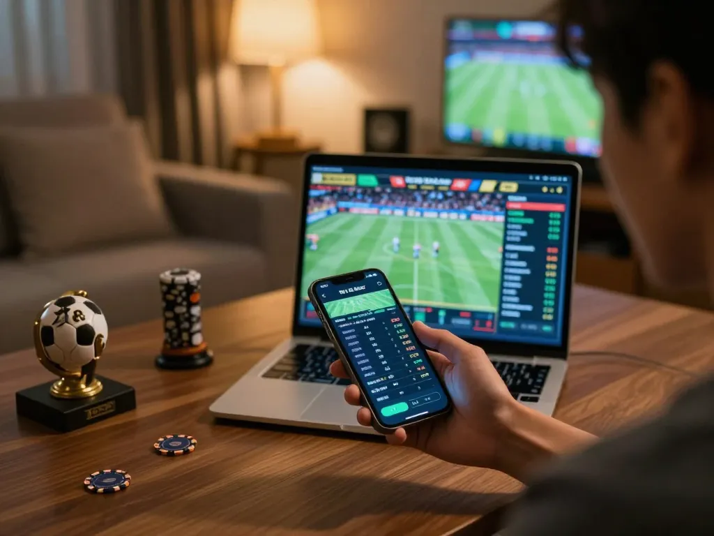 Using a smartphone to check ty le keo nha cai scores during an exciting sports event