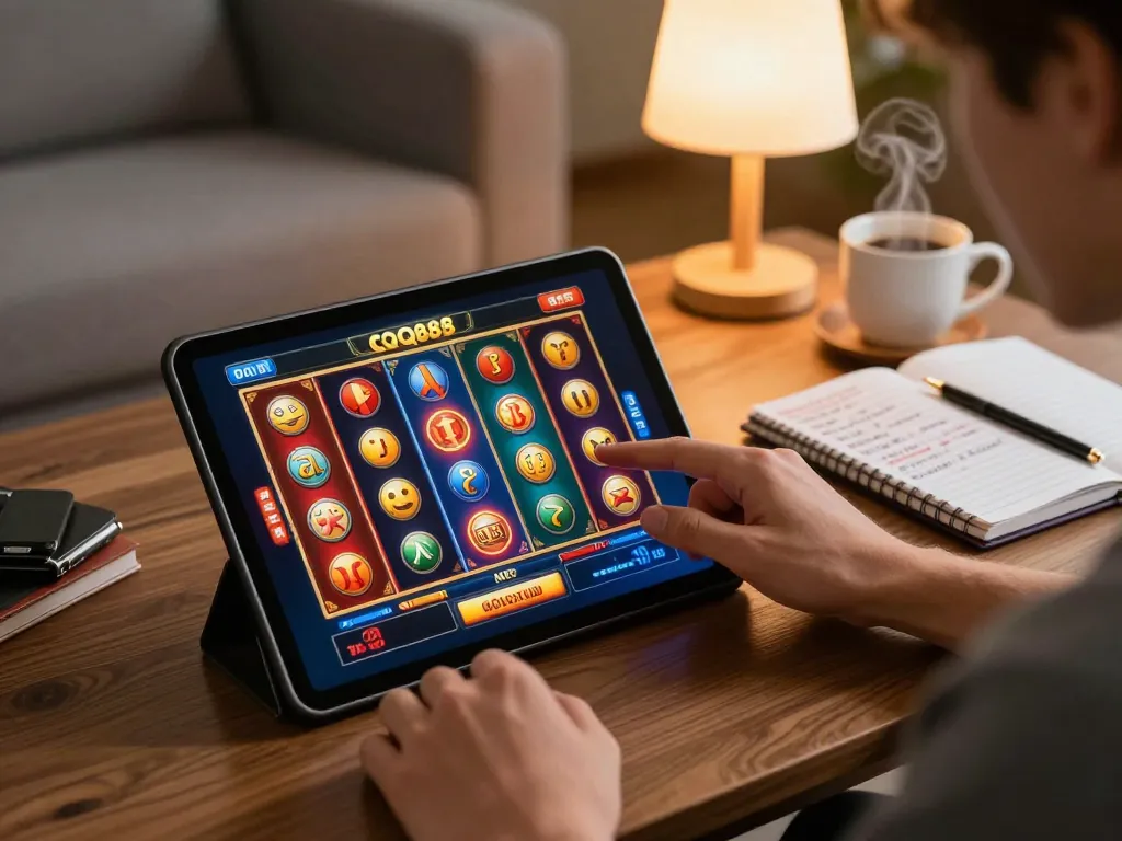 Engaging in thrilling slots gameplay at QQ88 casino from a cozy home setting