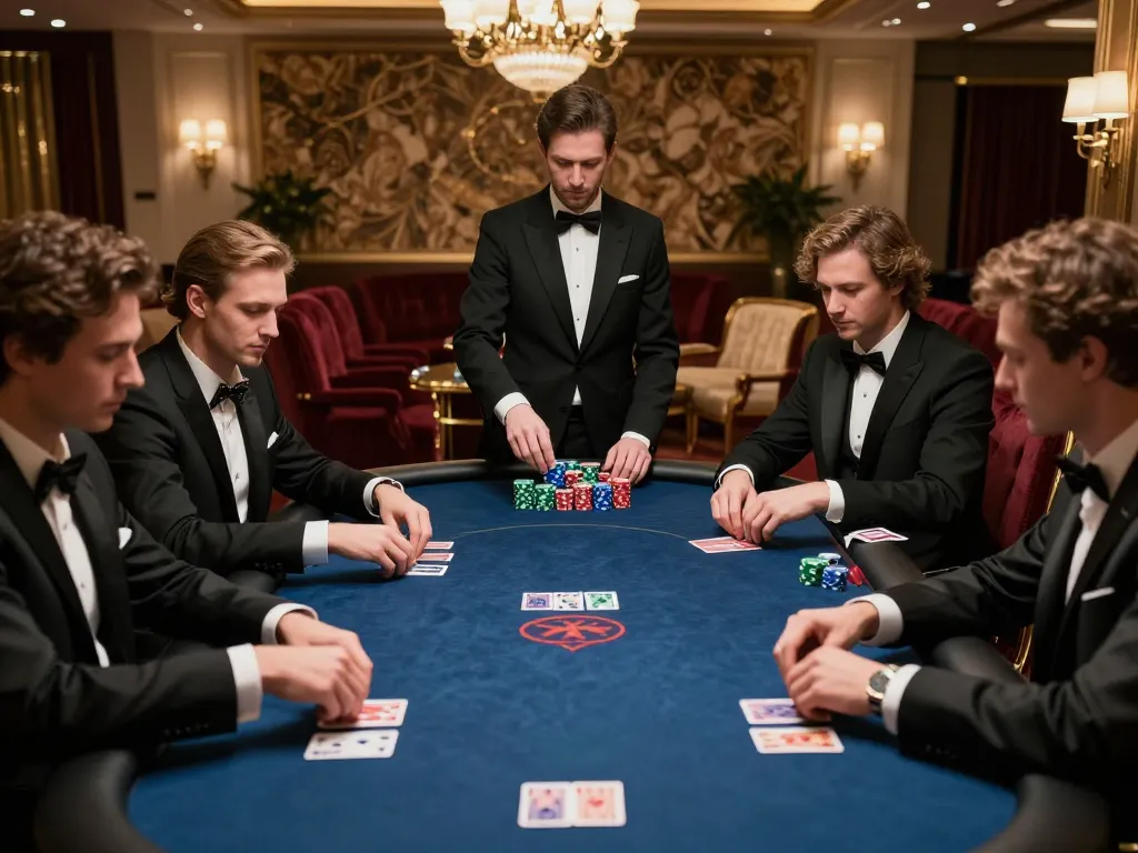 Players strategizing in a luxurious fabet VIP poker room with elegant decor.