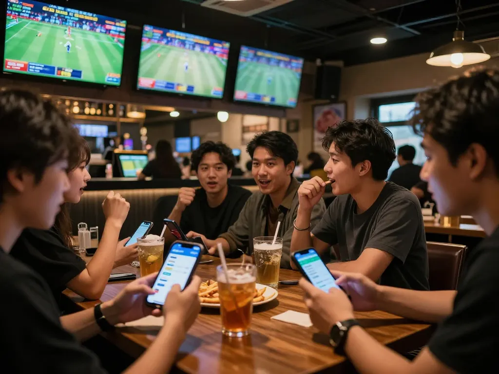 Fans engaging in kèo nhà cái trực tiếp while enjoying live sports in a buzzing sports bar.