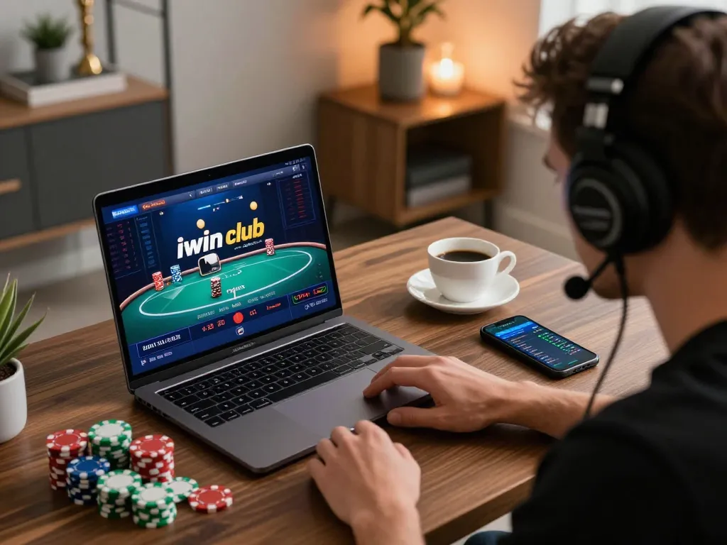 Player engaging in online poker with iwin club on a laptop, showcasing strategic gameplay and modern setup