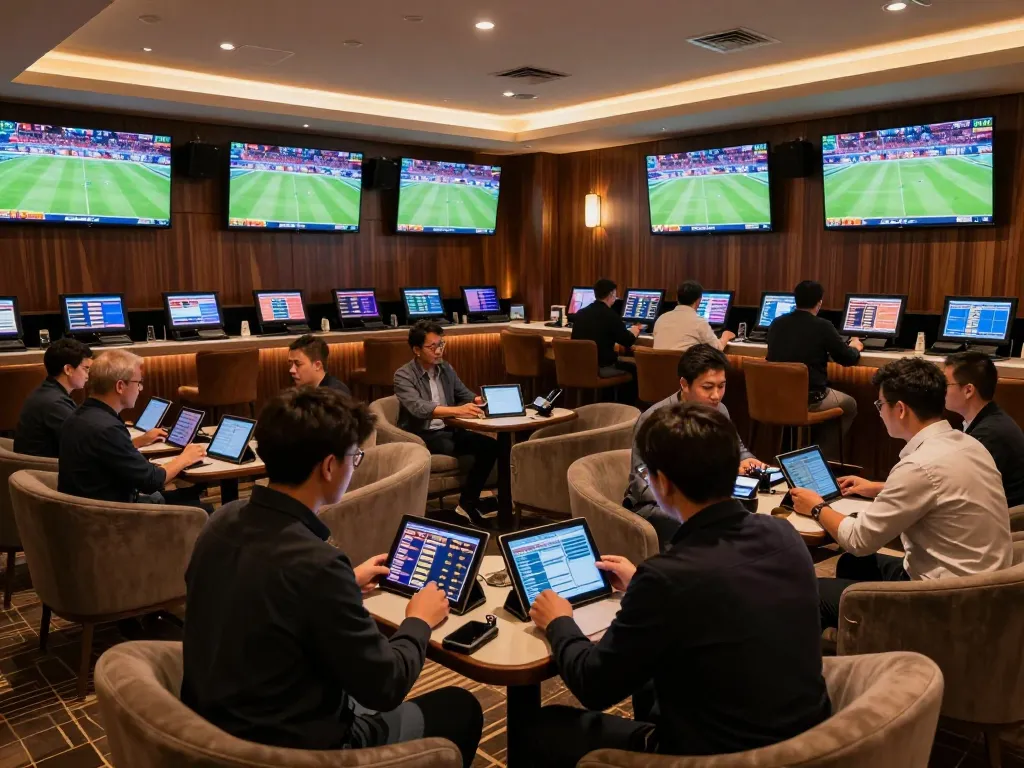 Engaged bettors analyzing sports odds at a stylish betting lounge 78winbs.