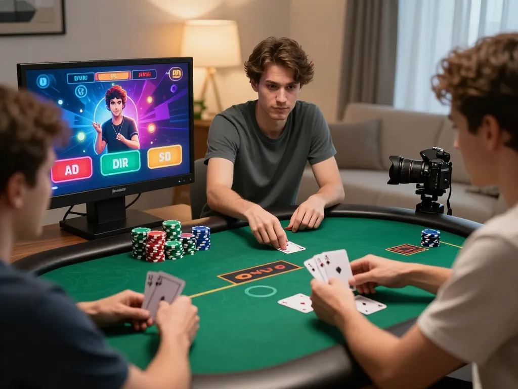 ALO8 players enjoying an online poker game at home, capturing strategic gameplay in a cozy environment.