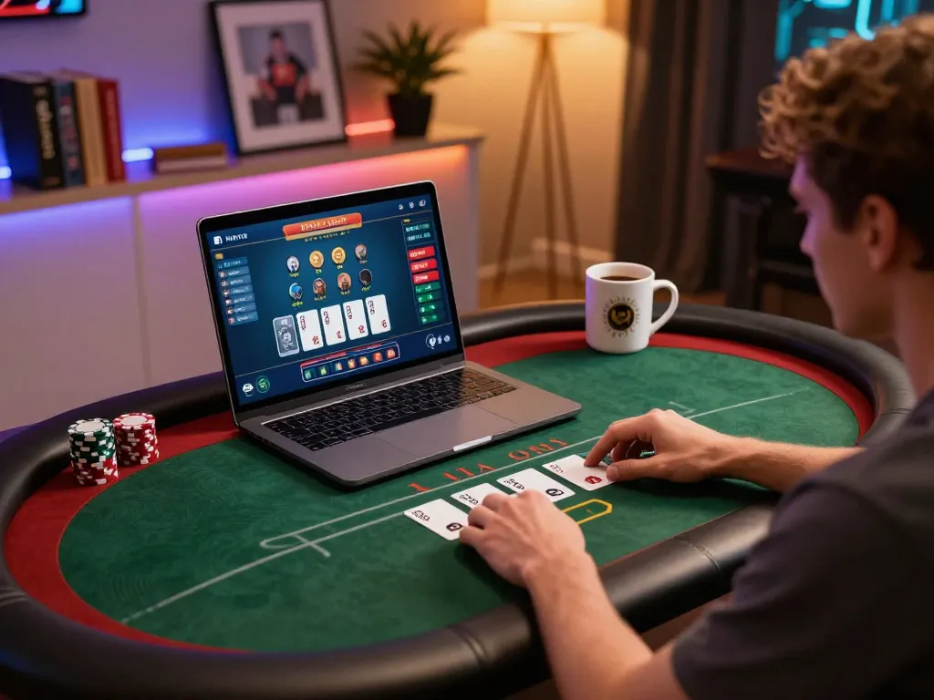 Engaged player strategizing in online poker game cm88 setup with engaging interface and cozy ambiance.