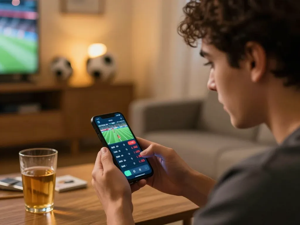 KQBD sports betting enthusiast analyzing live odds on smartphone in cozy home setting