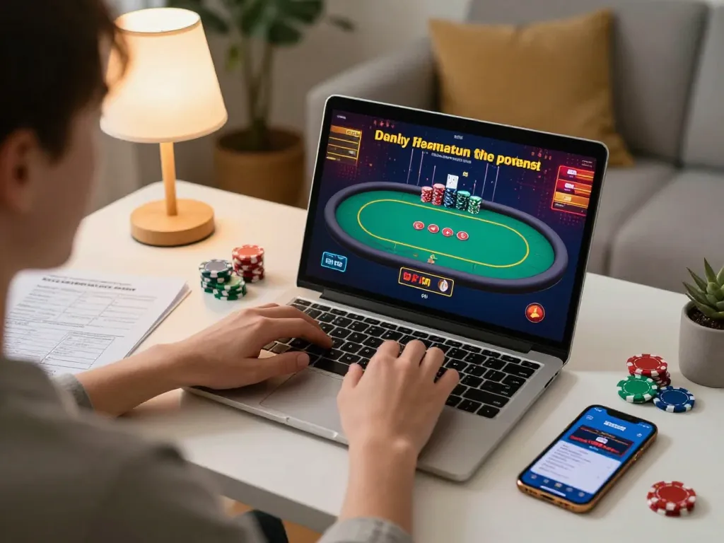 Engaging online poker game experience with LLwin com on a laptop in a stylish home setup.