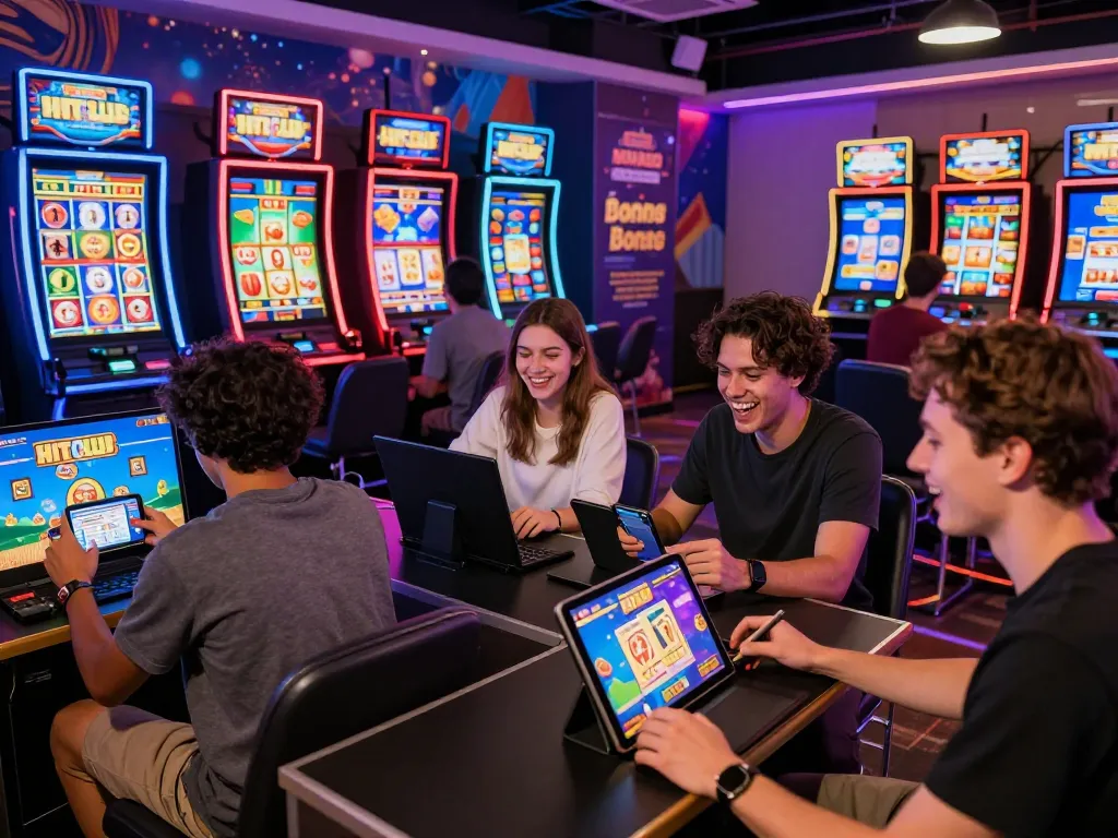 Excited gamers enjoying Hitclub online gaming experience in a vibrant virtual lounge.