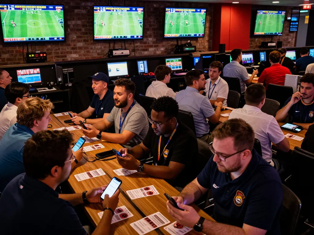 Engaged bettors viewing live sports matches on screens at O8 betting arena