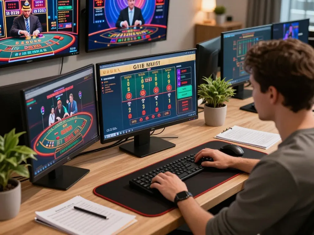 Strategizing online betting on hm88 with multiple screens showcasing exciting casino games